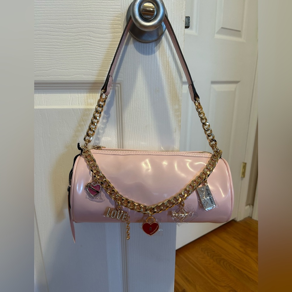 Juicy Couture Light Pink Patent Barrel Shoulder Bag with Gold Charm Chain (NWT)